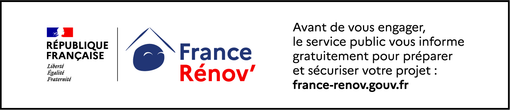 Bannière du gouvernement français et de France Rénov’ avec un avertissement contre les arnaques à la rénovation énergétique