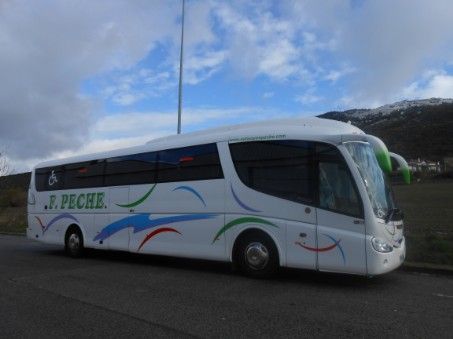 Un autobús blanco con la palabra peche en el costado está estacionado al costado de la carretera.