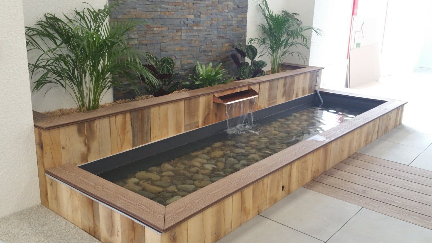 Photo d'un bassin intérieur en bois avec des plantes
