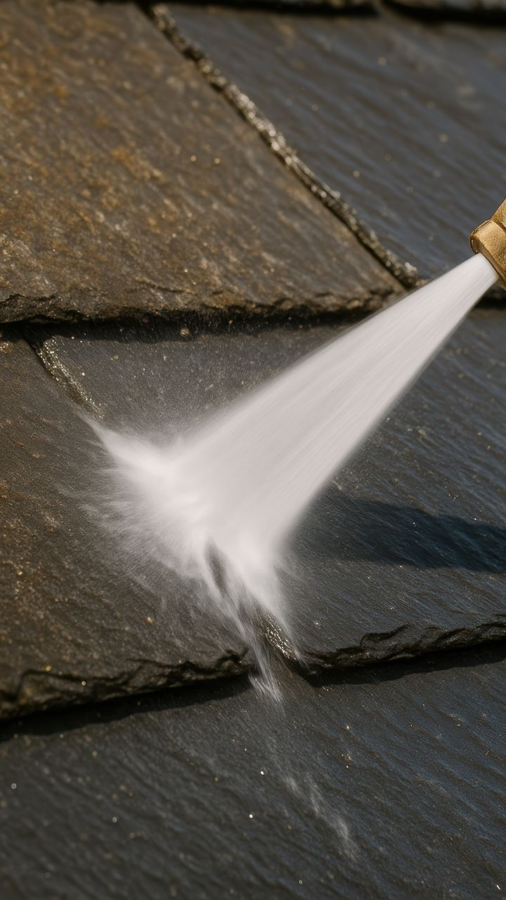 Un jet d'eau pulvérise un toit d'ardoise et le nettoie.