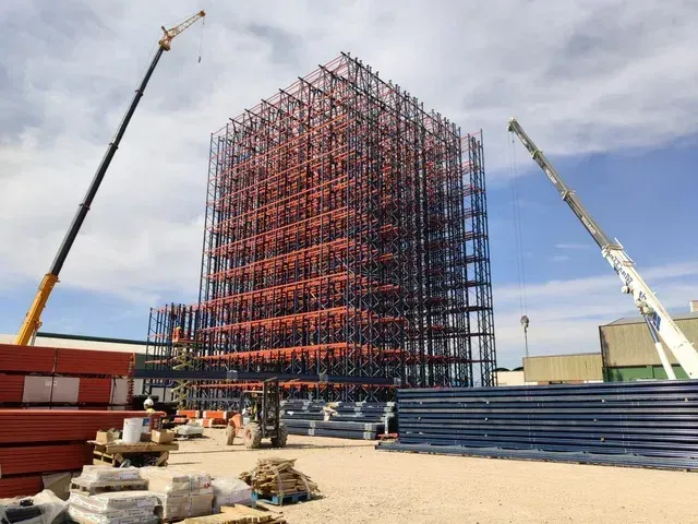 Un gran edificio en construcción con una grúa en primer plano.
