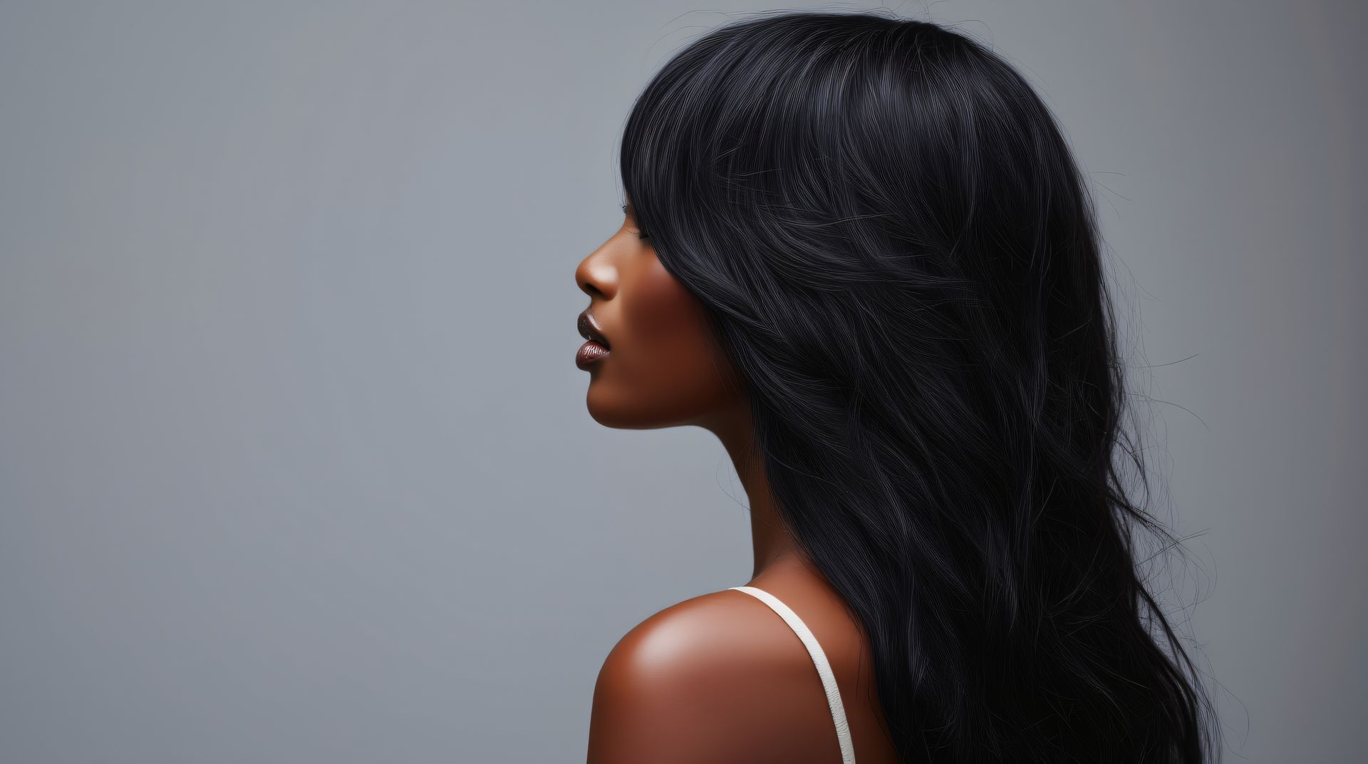 Portrait de profil d'une personne aux longs cheveux noirs sur fond gris