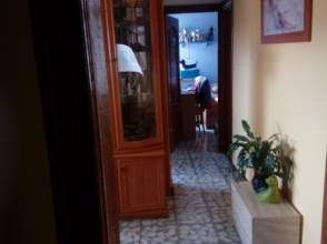 Pasillo con mueble de madera, planta y puerta que da acceso a otra estancia.