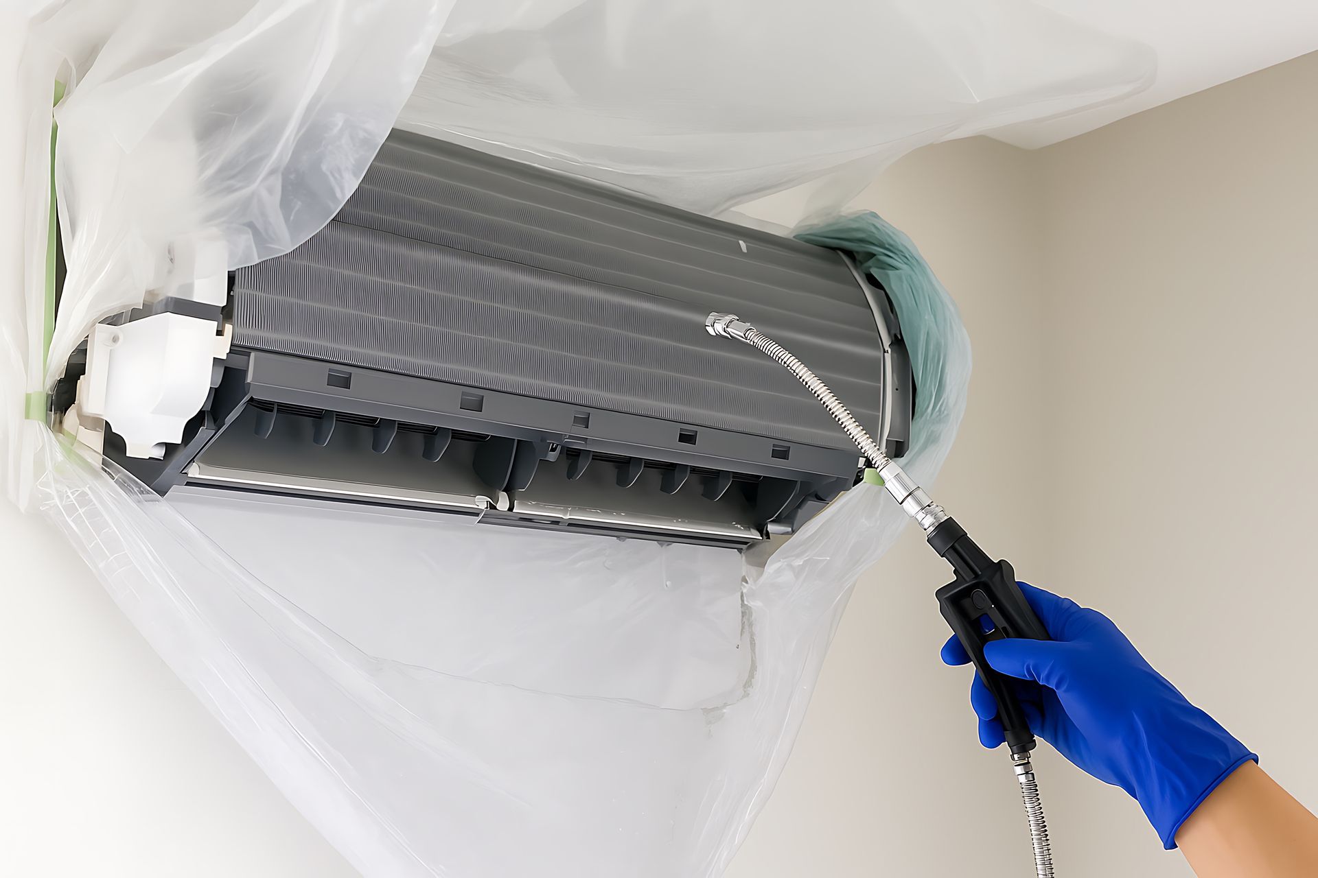 Technicien nettoyant un climatiseur mural à l’aide d’un pulvérisateur et d’une housse de protection