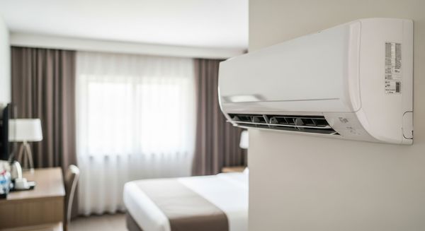 Chambre avec un climatiseur mural, un lit et des rideaux