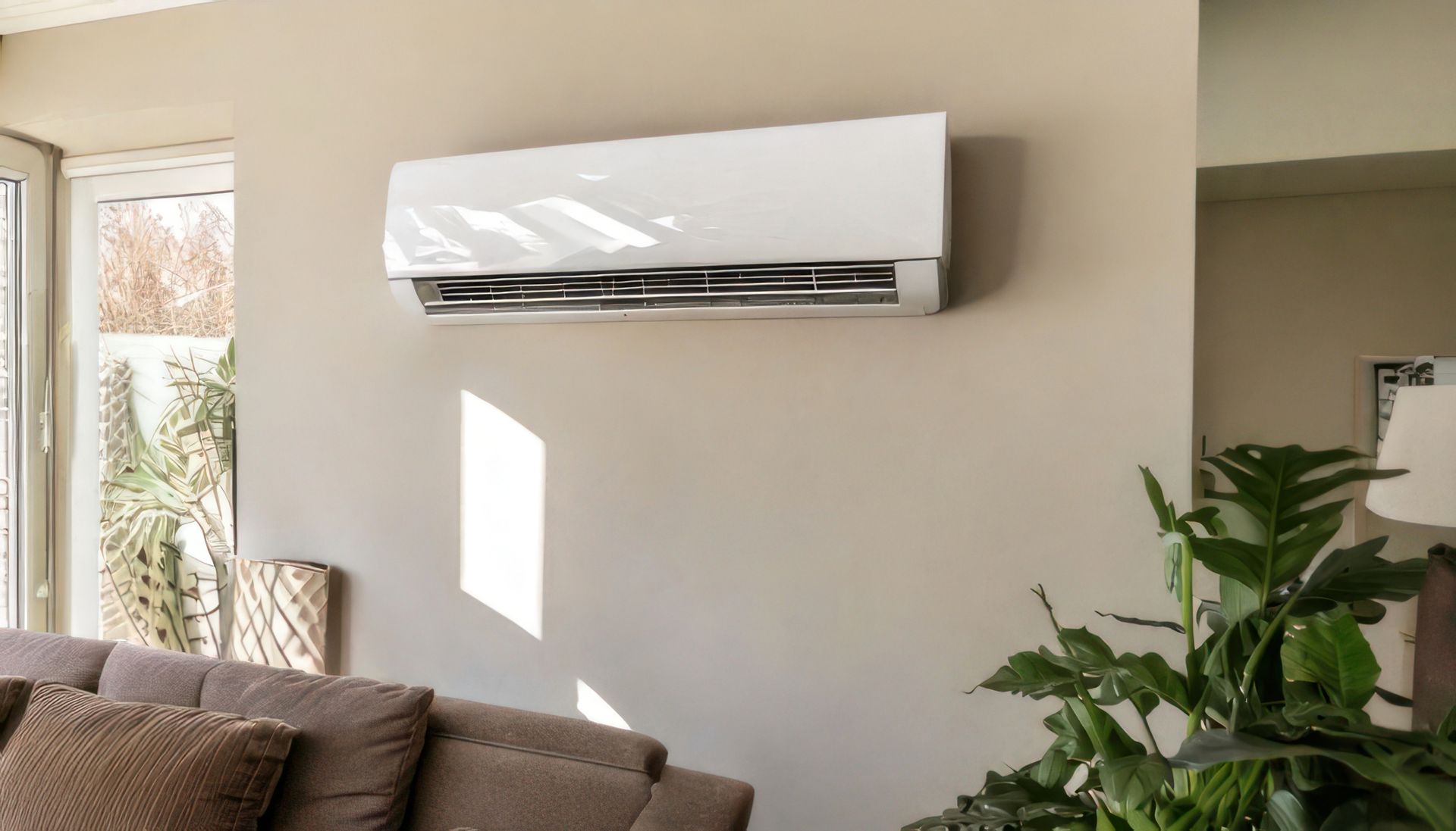 Climatiseur mural blanc au-dessus d’un mur beige dans un salon baigné de soleil
