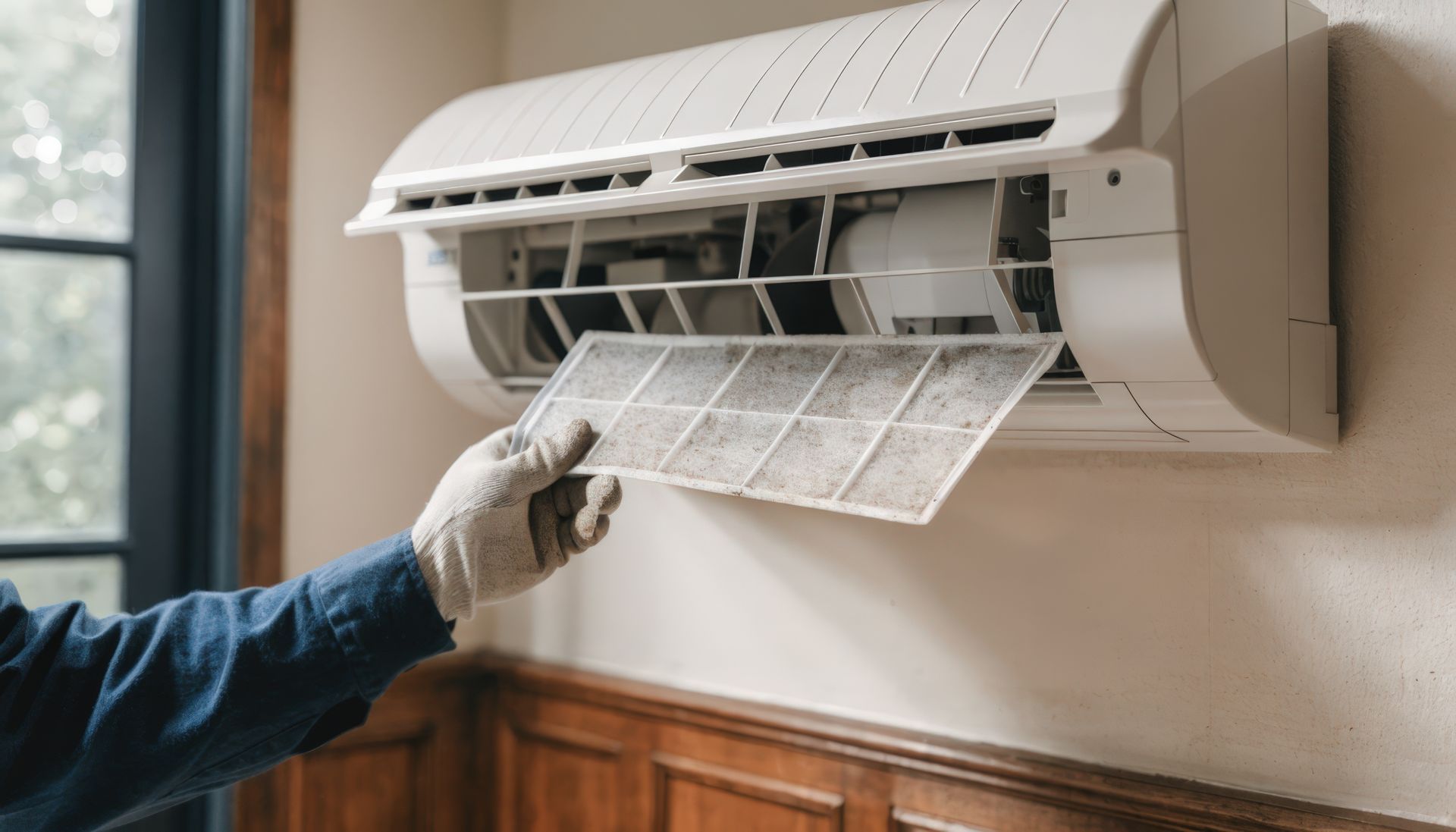 Personne en train de nettoyer le filtre d’un climatiseur mural à l’intérieur