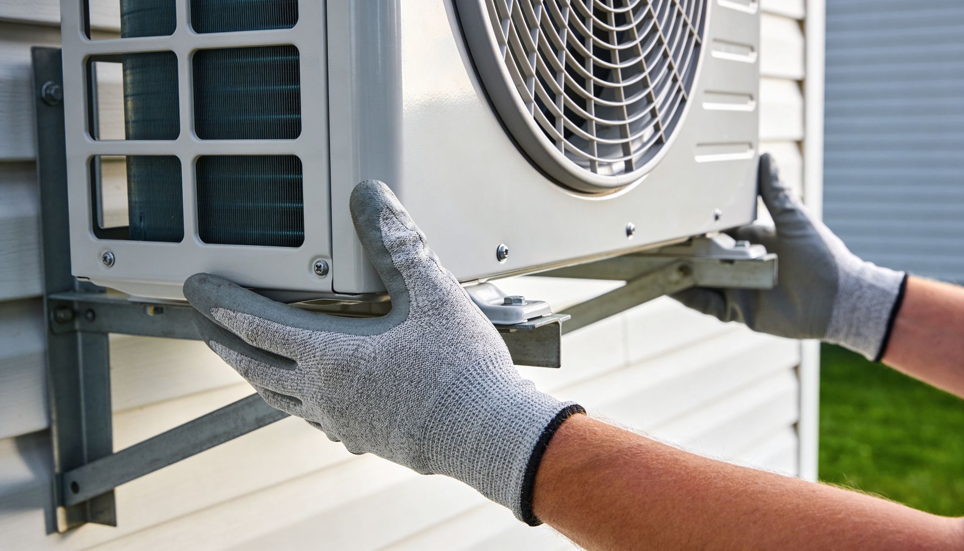 Un technicien règle une unité de climatisation extérieure sur la façade d’une maison