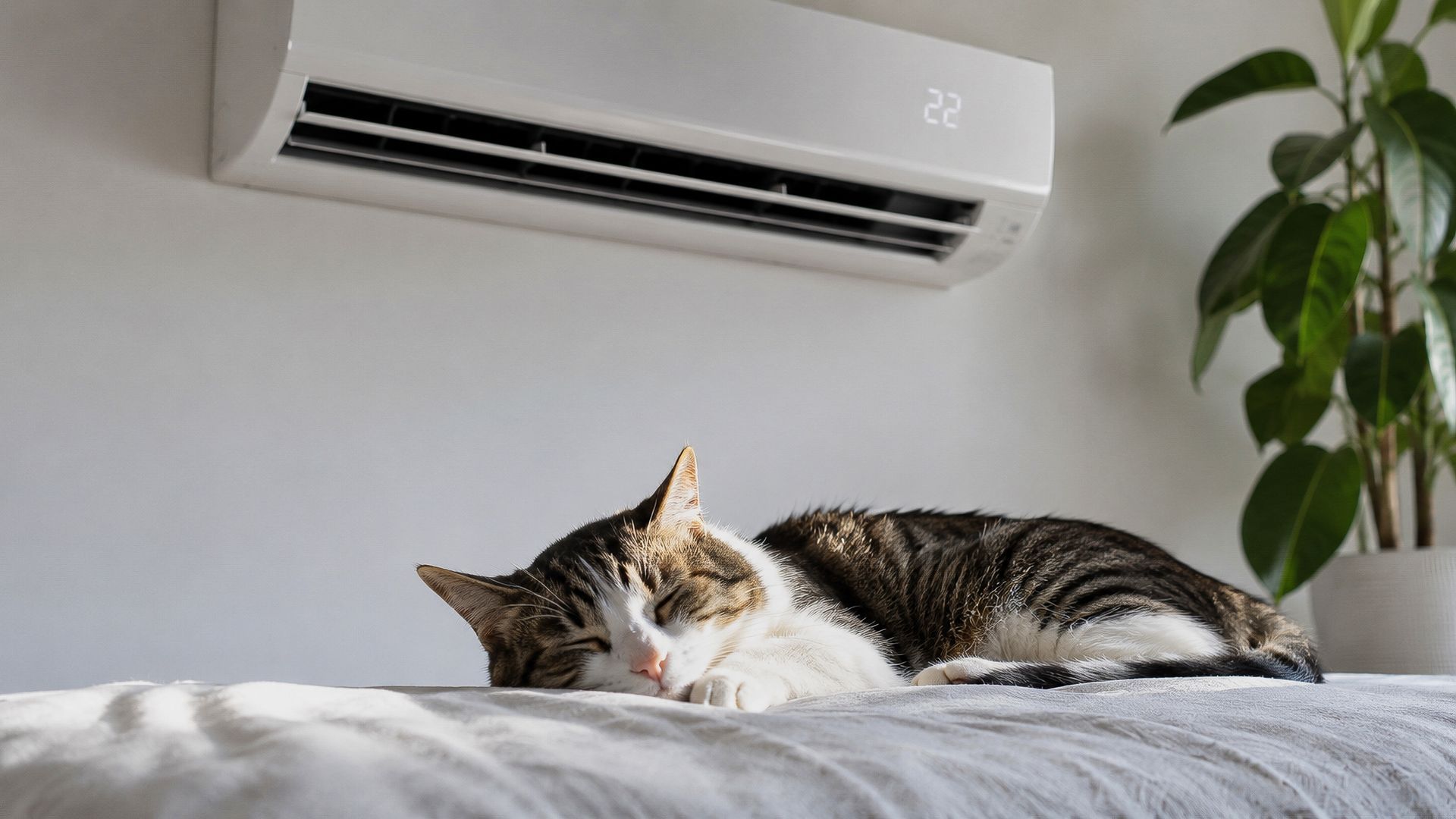 Un chat tigré dort sur un lit sous un climatiseur mural