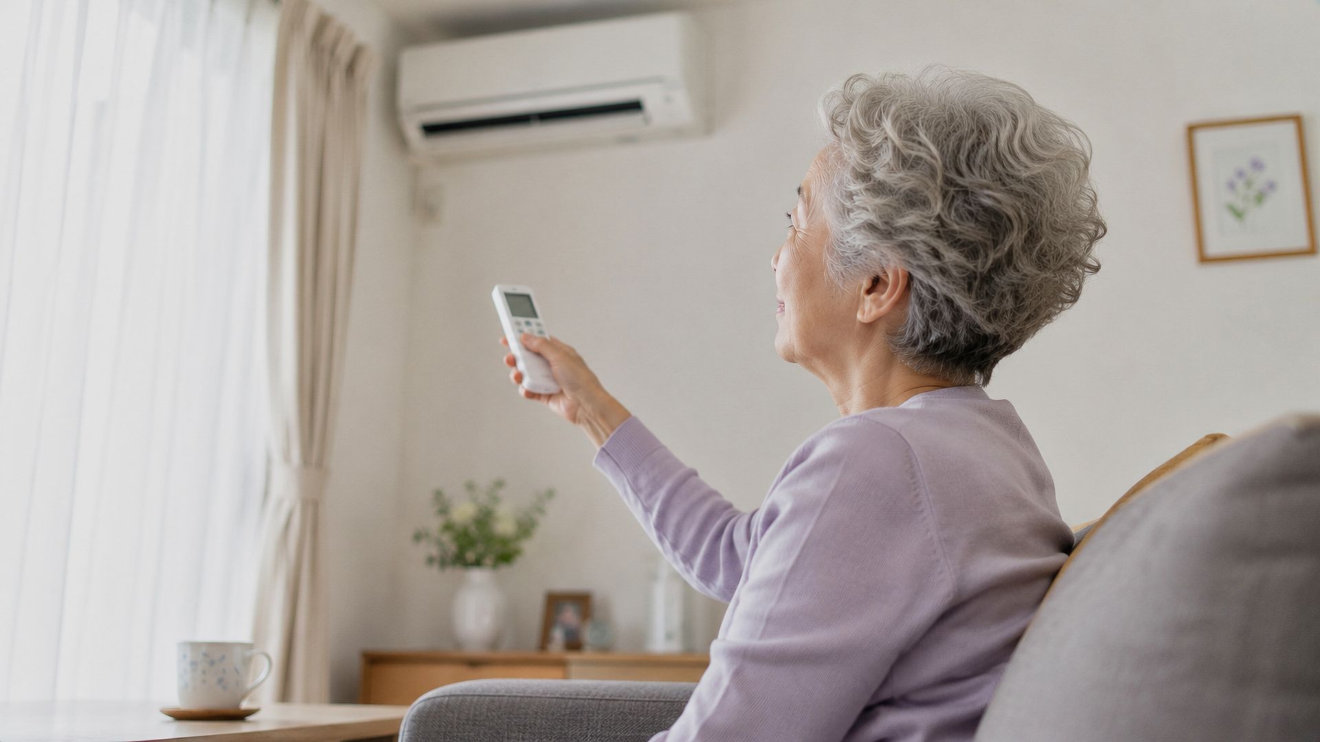 Une personne se détend sur un canapé, une télécommande à la main, en regardant un climatiseur mural.
