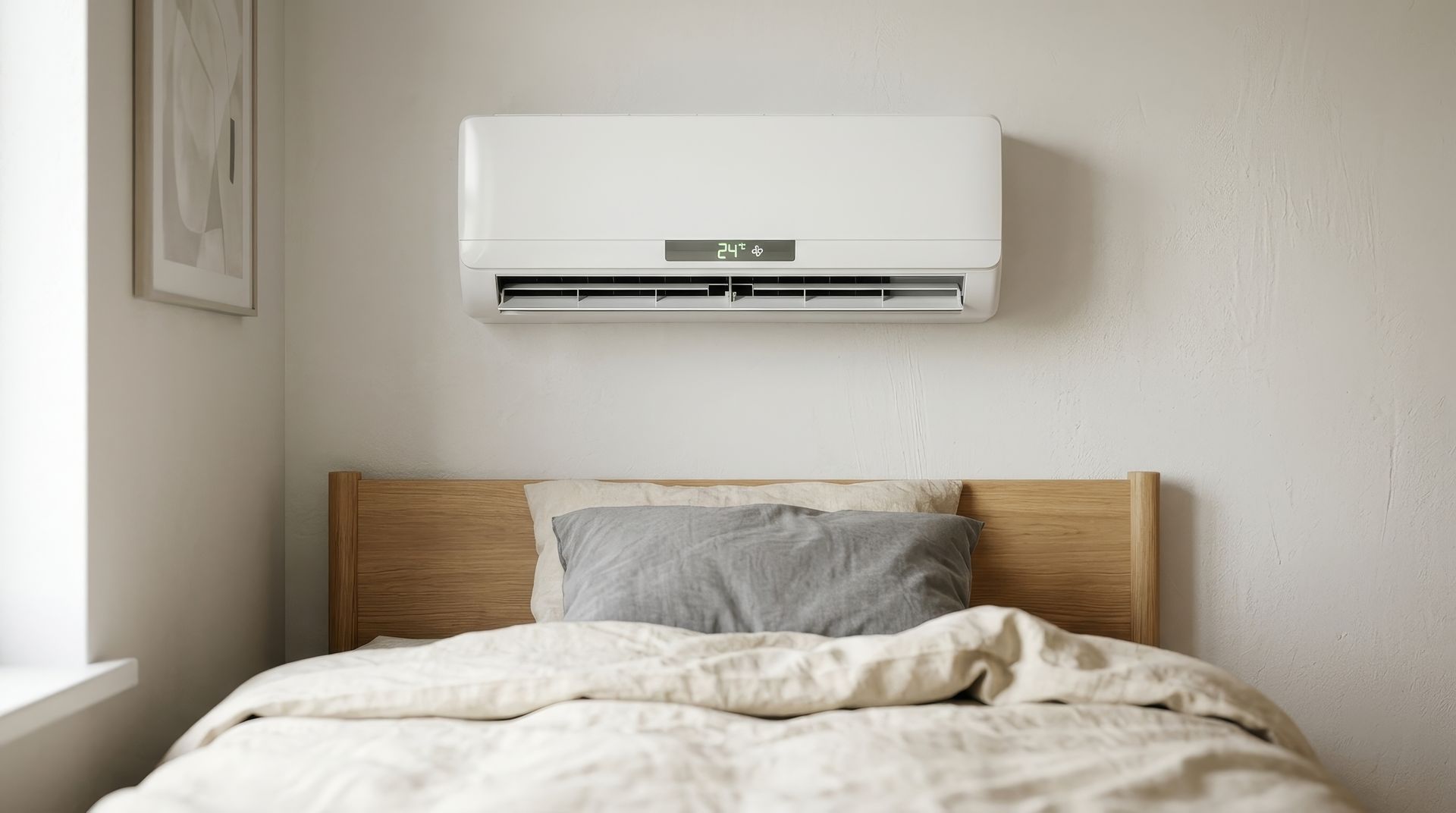 Chambre minimaliste avec un lit et une tête de lit en bois sous un climatiseur mural