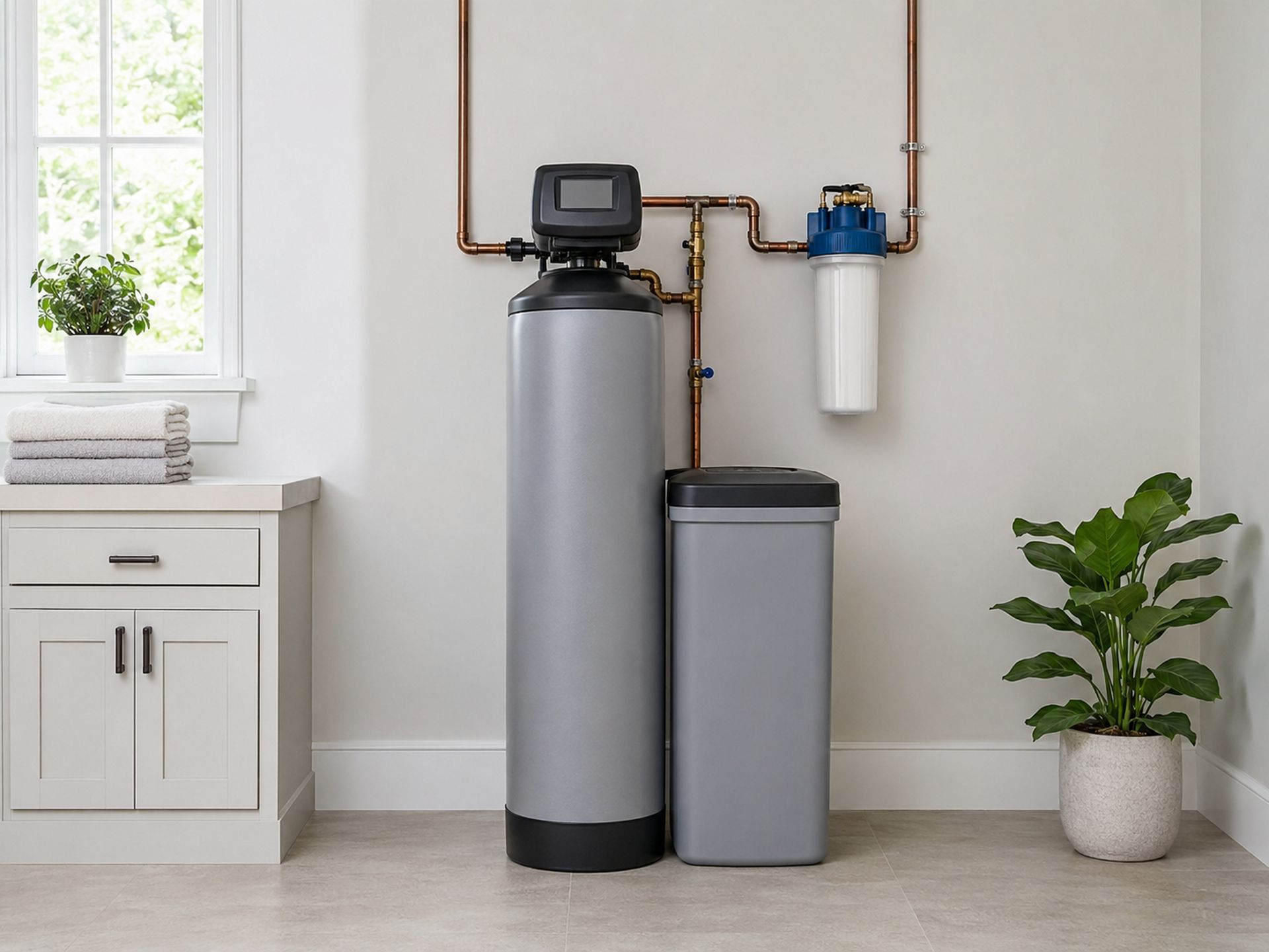 Adoucisseur d’eau et système de filtration dans une buanderie lumineuse, à côté d’une fenêtre et d’une plante en pot