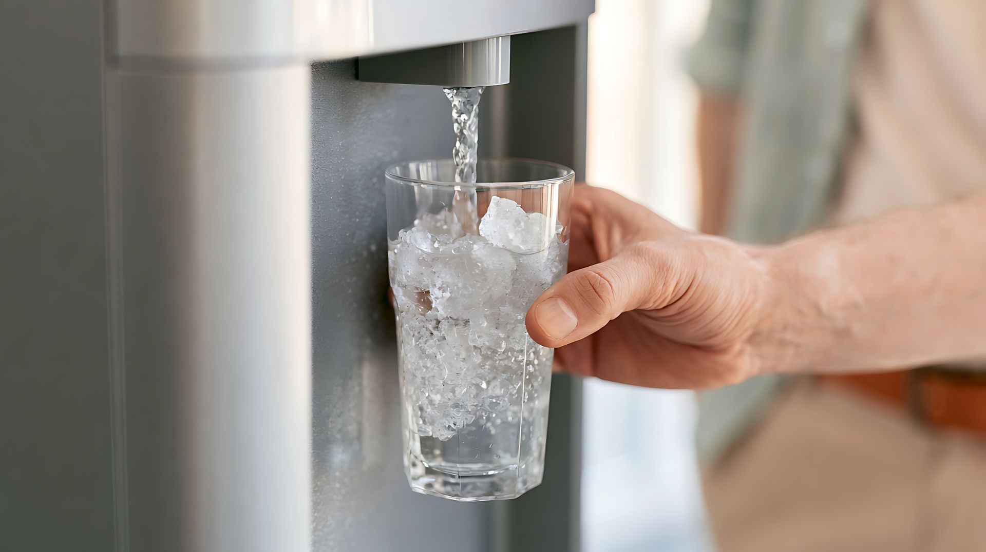 Une main remplit un verre d’eau glacée à l’aide d’un distributeur d’eau