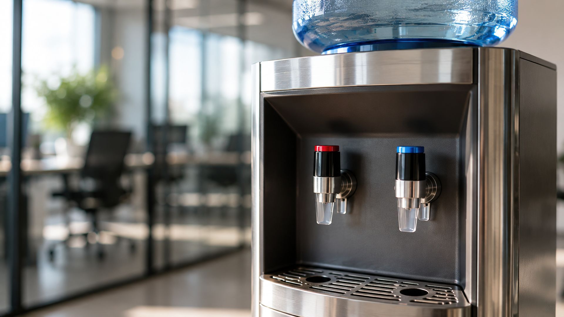 Fontaine à eau dans un bureau, équipée d’une bonbonne bleue sur le dessus