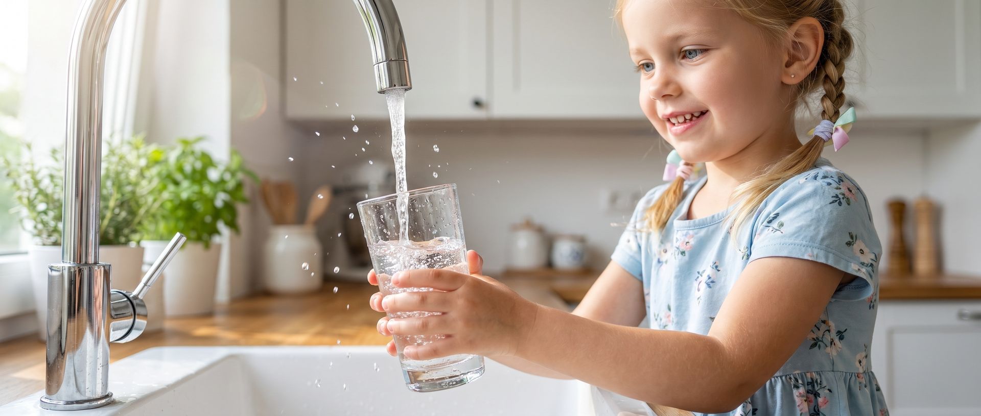 Un enfant remplit un verre d’eau au robinet de la cuisine, en souriant