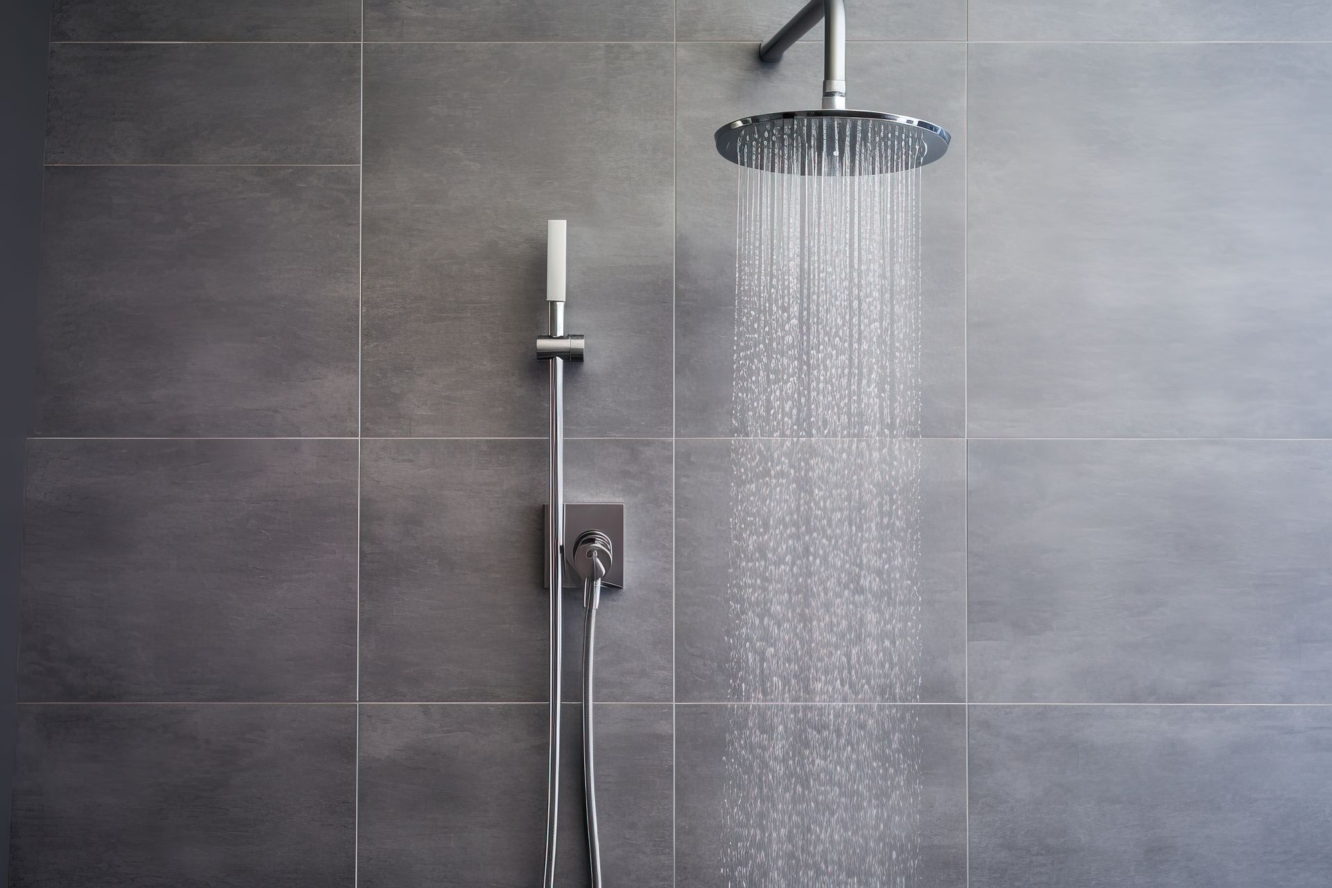 Douche moderne avec un mur carrelé gris et une pomme de douche effet pluie qui coule