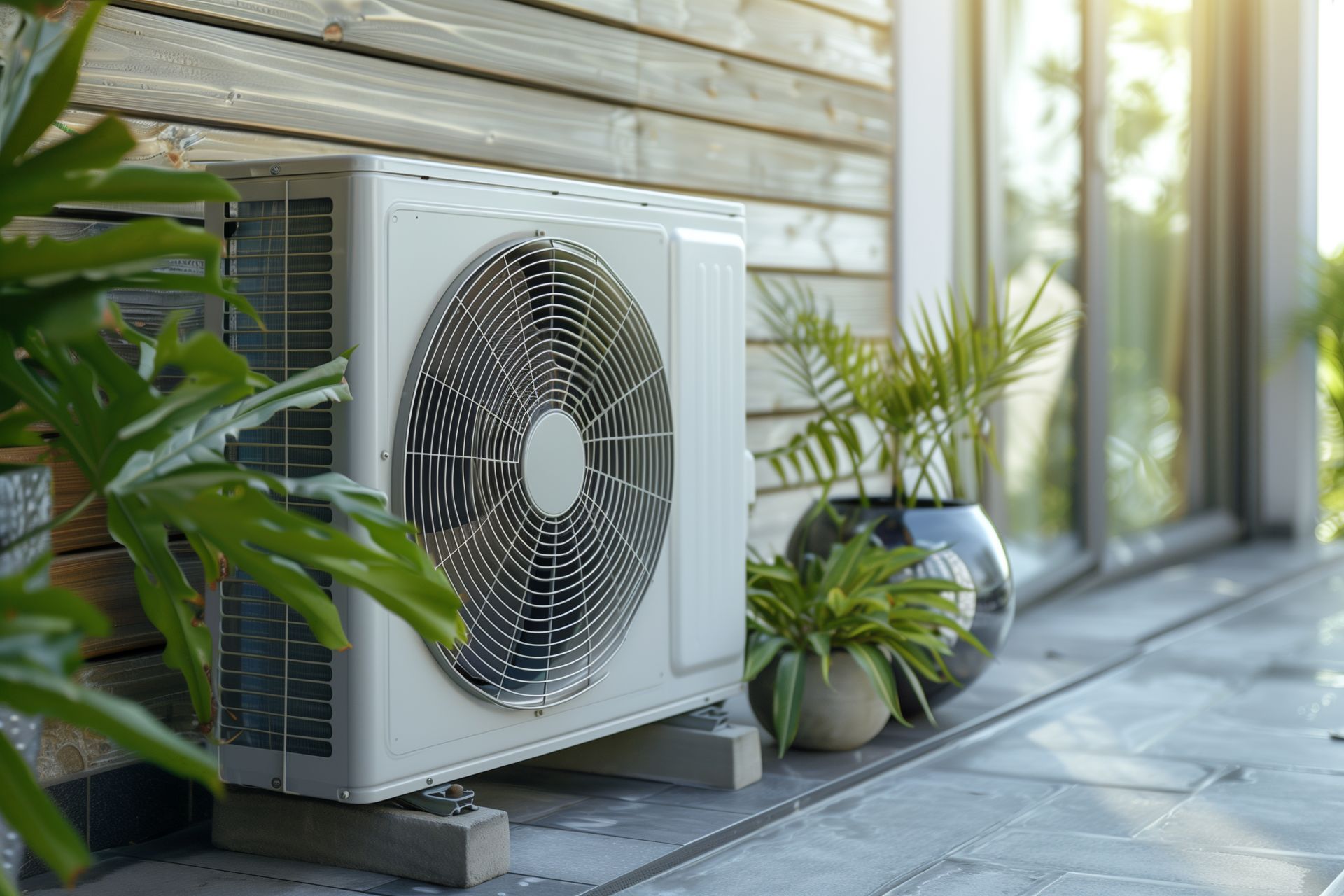 Unité de climatisation extérieure à côté de plantes en pot sur une terrasse ensoleillée