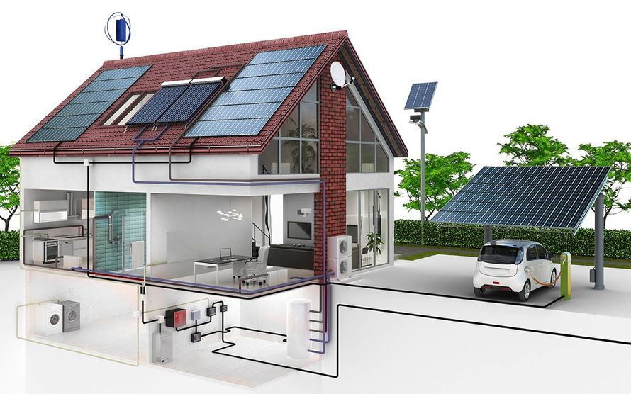 Ein Diagramm eines Hauses mit Solarzellen auf dem Dach und einem davor geparkten Auto.