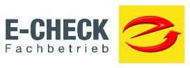 Ein Logo für e-check fachbetrieb mit einem roten Kreis auf gelbem Hintergrund.