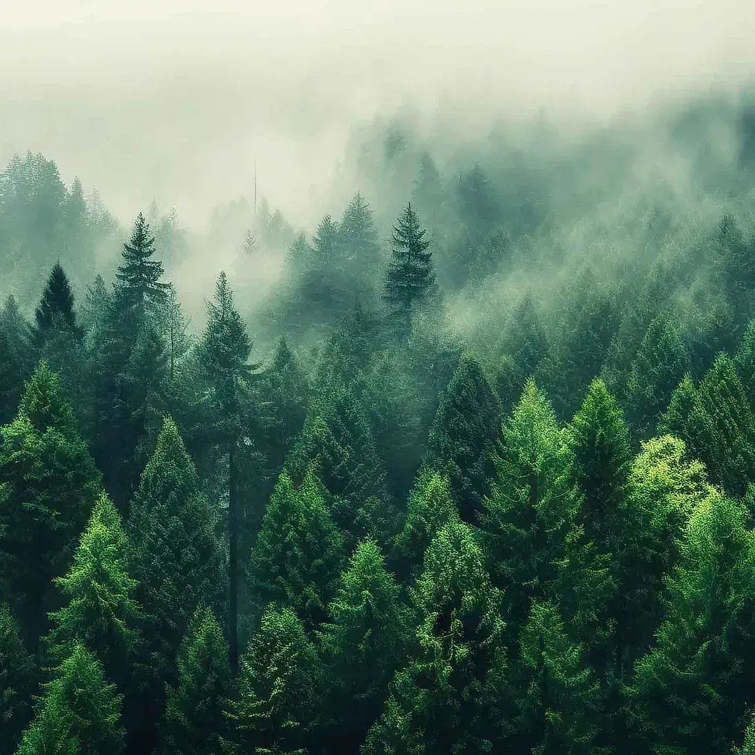 Un bosque brumoso lleno de muchos árboles y arbustos.