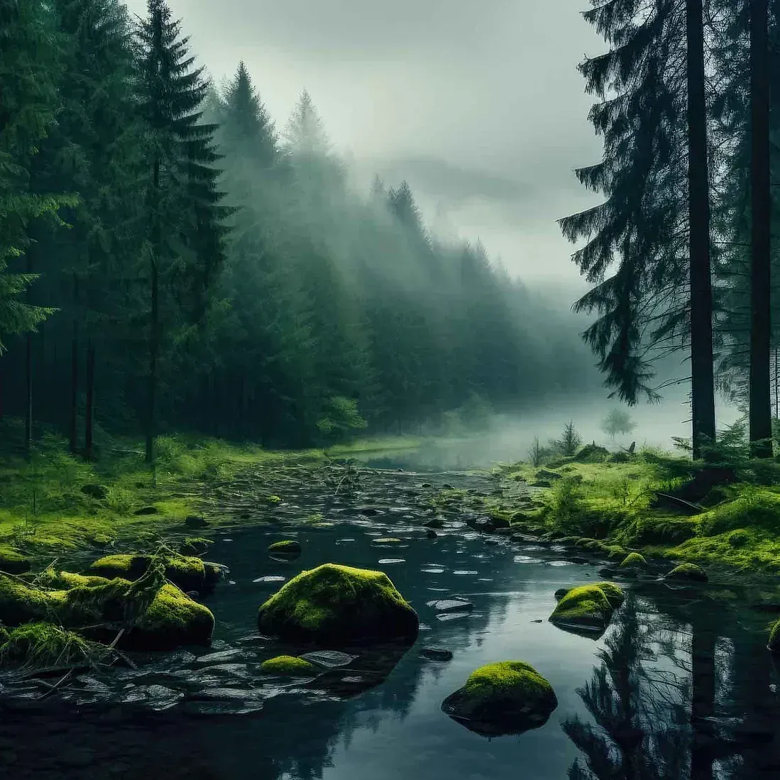 Un río en medio de un bosque brumoso