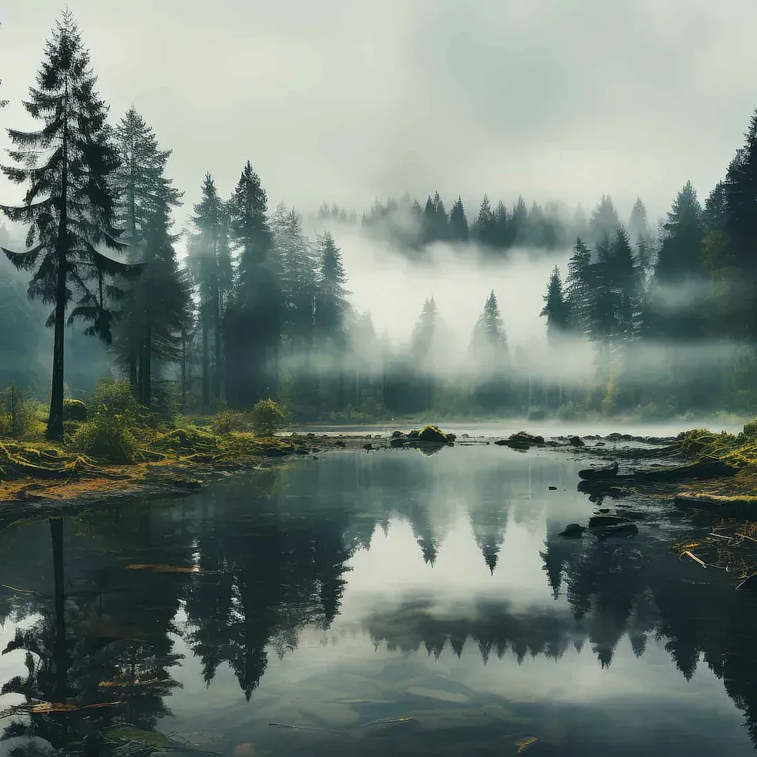 Un lago rodeado de árboles brumosos en un día brumoso.
