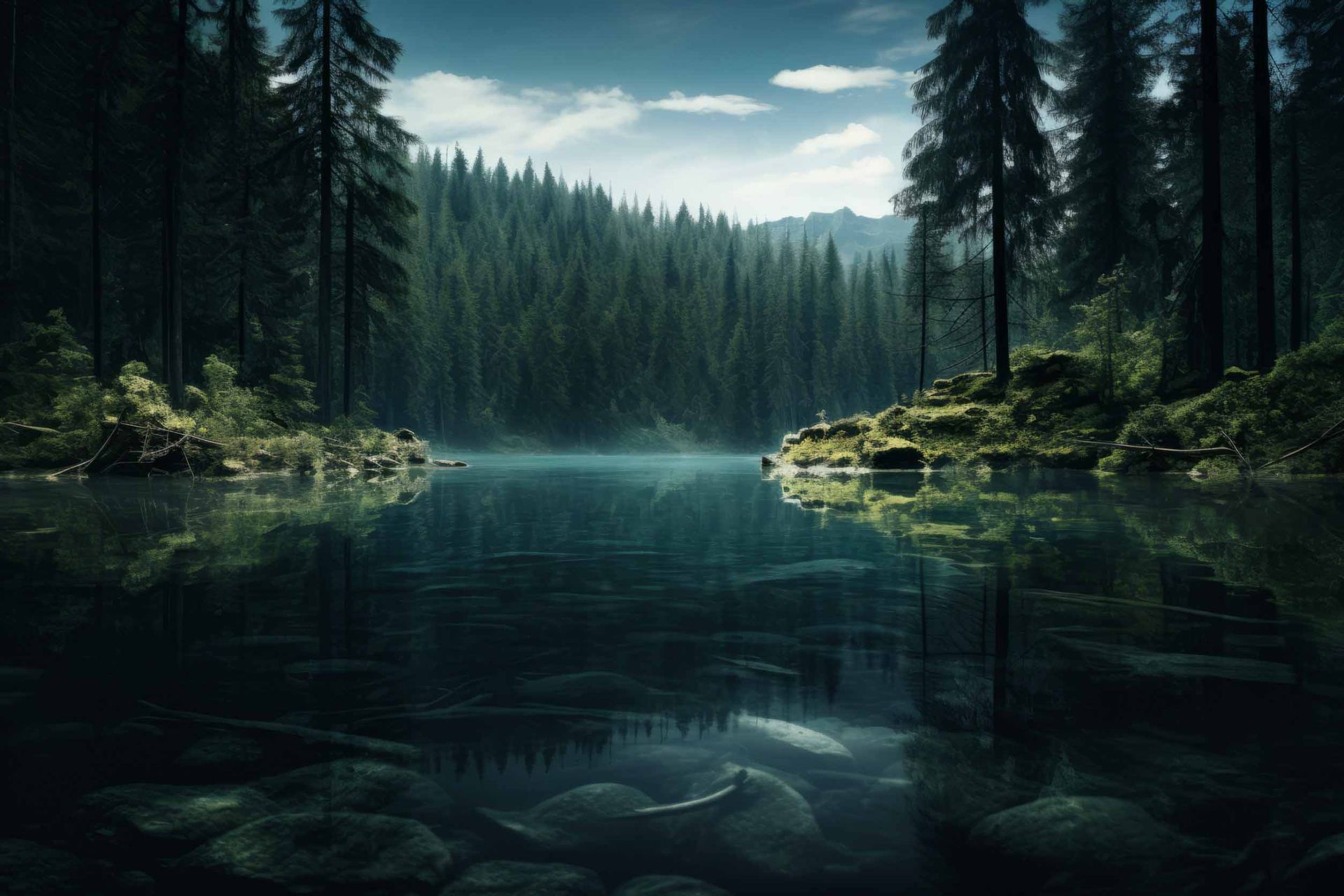 Un lago en medio de un bosque con árboles que lo rodean.