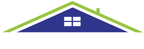 Ein blaues, dreieckiges Dachsymbol mit einem weißen, vierteiligen Fenster, darüber eine grüne Dachlinie und ein kleiner Schornstein.