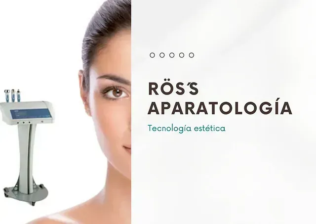 La cara de una mujer está al lado de una máquina que dice Ross Aparatología