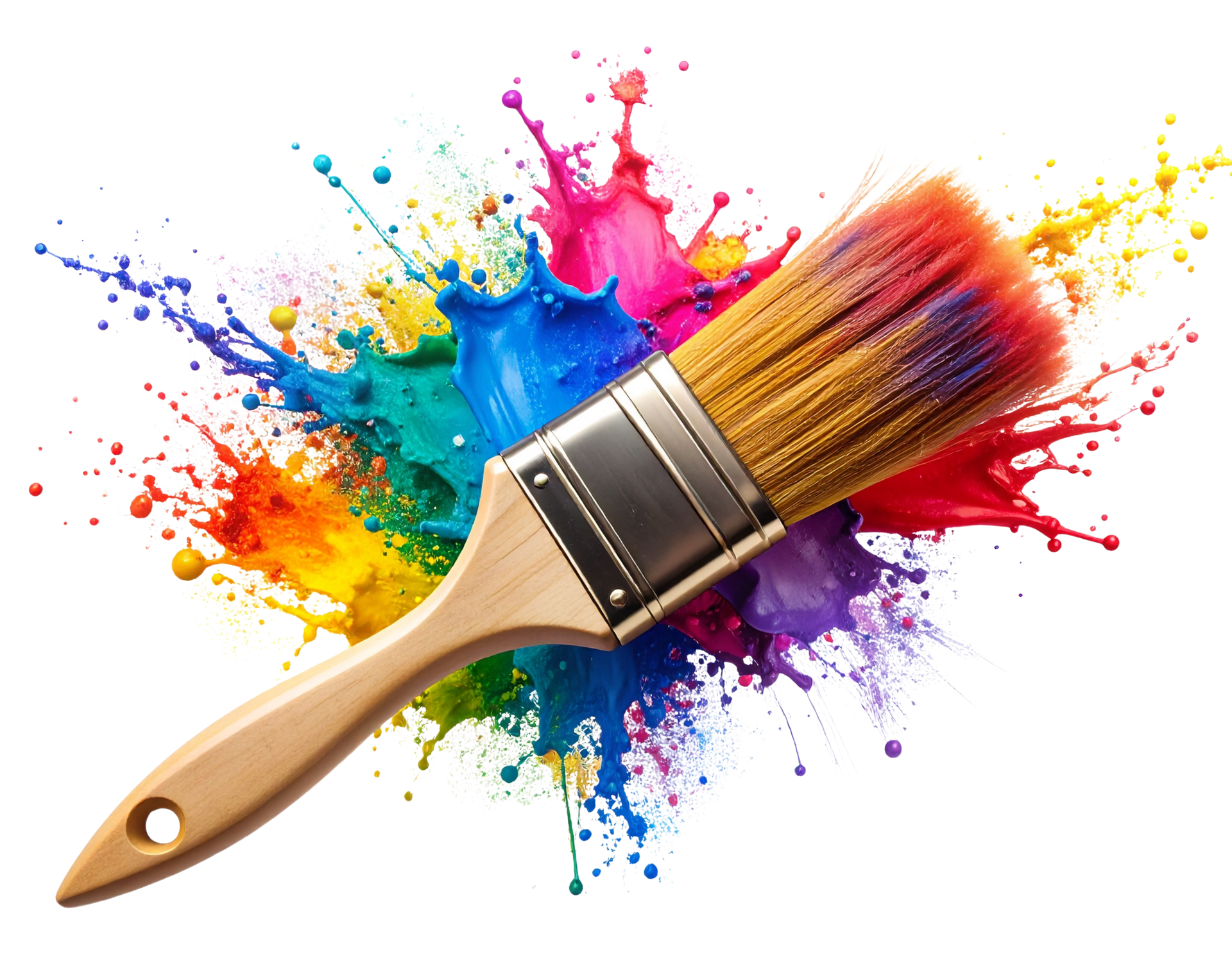 Pinceau avec des éclaboussures de peinture multicolores.