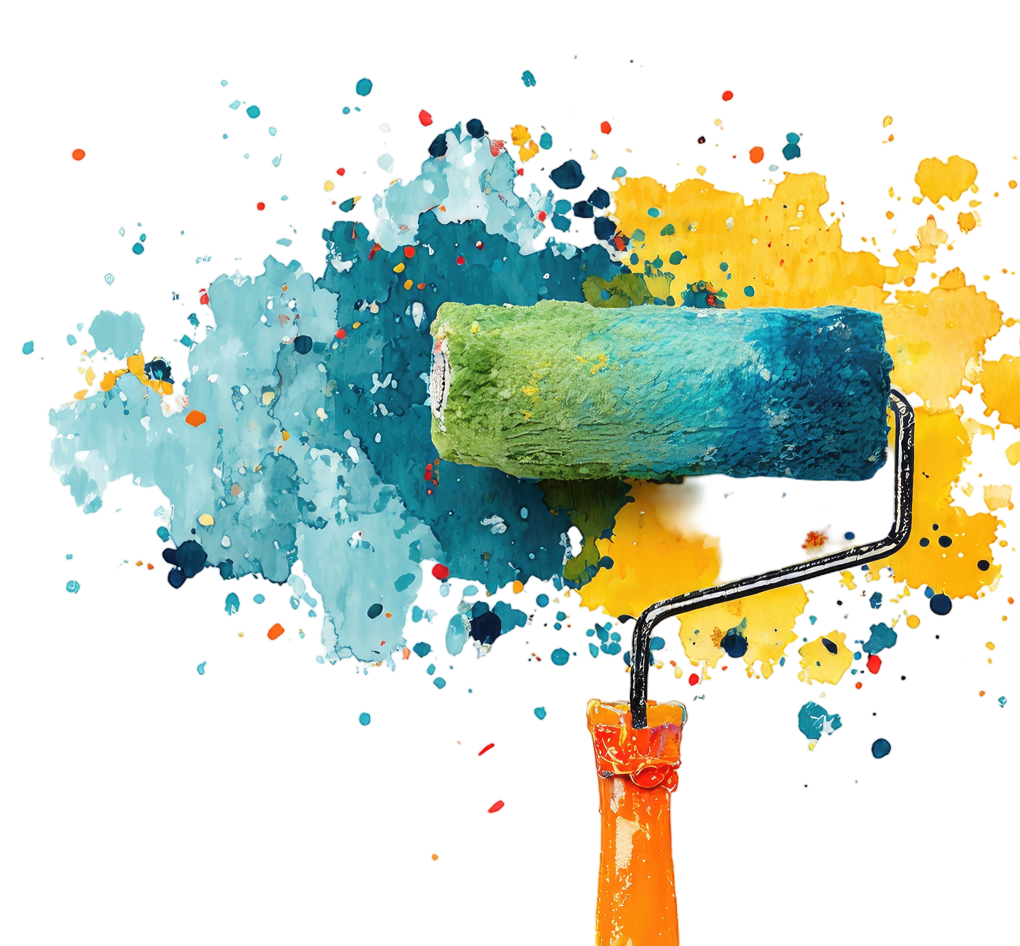 Rouleau à peinture avec des éclaboussures de peinture bleue, verte et jaune.