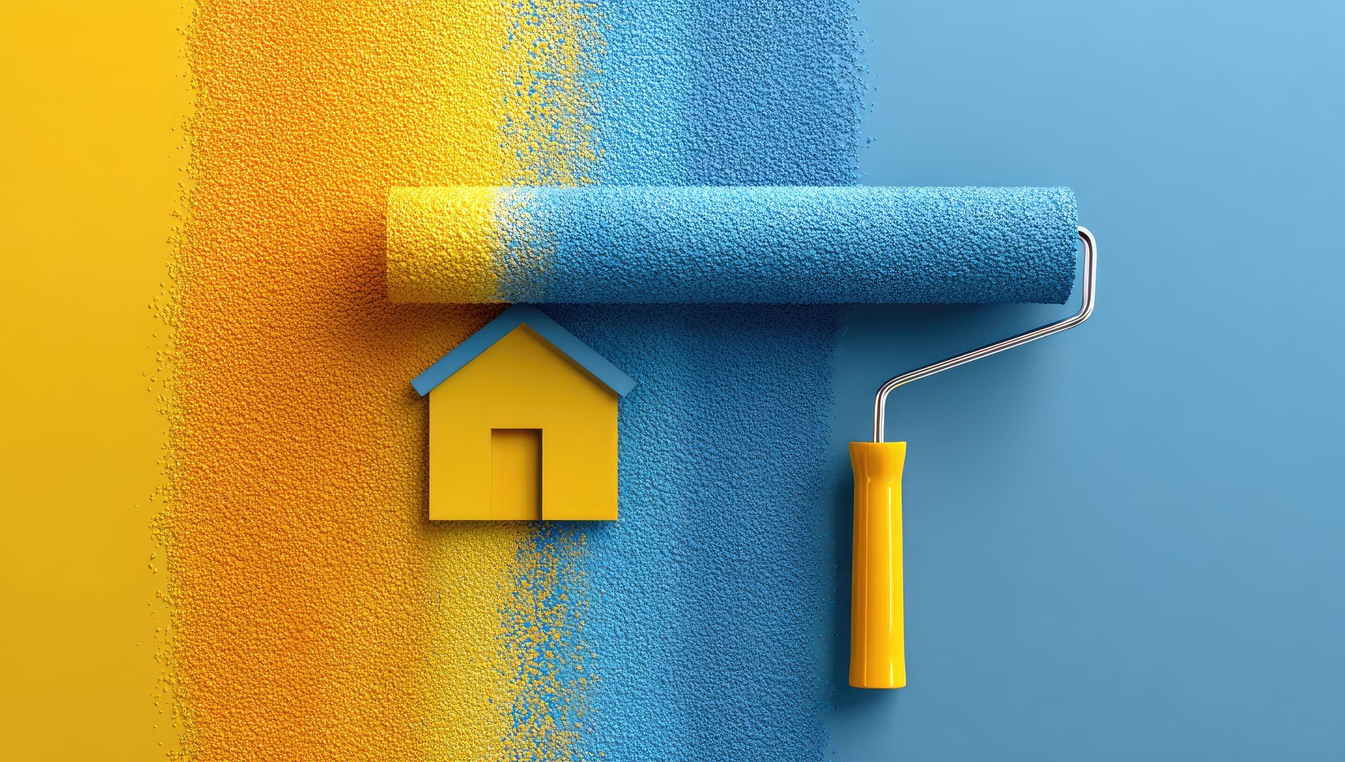 Un rouleau à peinture peint une maison en bleu, en partant du jaune, sur un fond bleu et jaune.