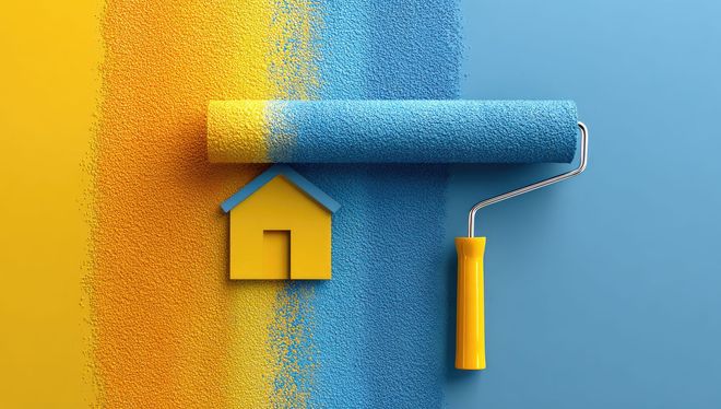 Un rouleau à peinture peint une maison en bleu, en partant du jaune, sur un fond bleu et jaune.