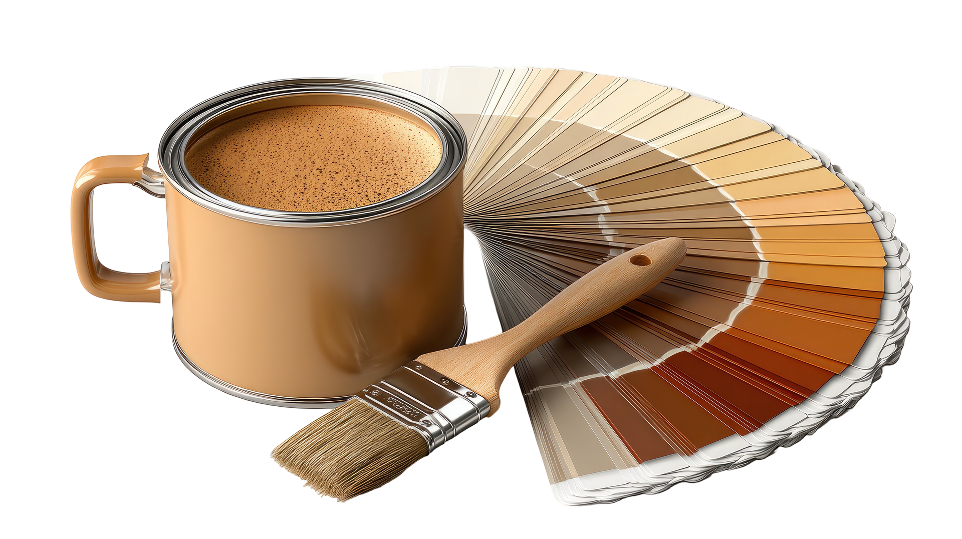 Une tasse à café, un pot de peinture, des échantillons de couleurs et un pinceau présentent différentes nuances de brun.