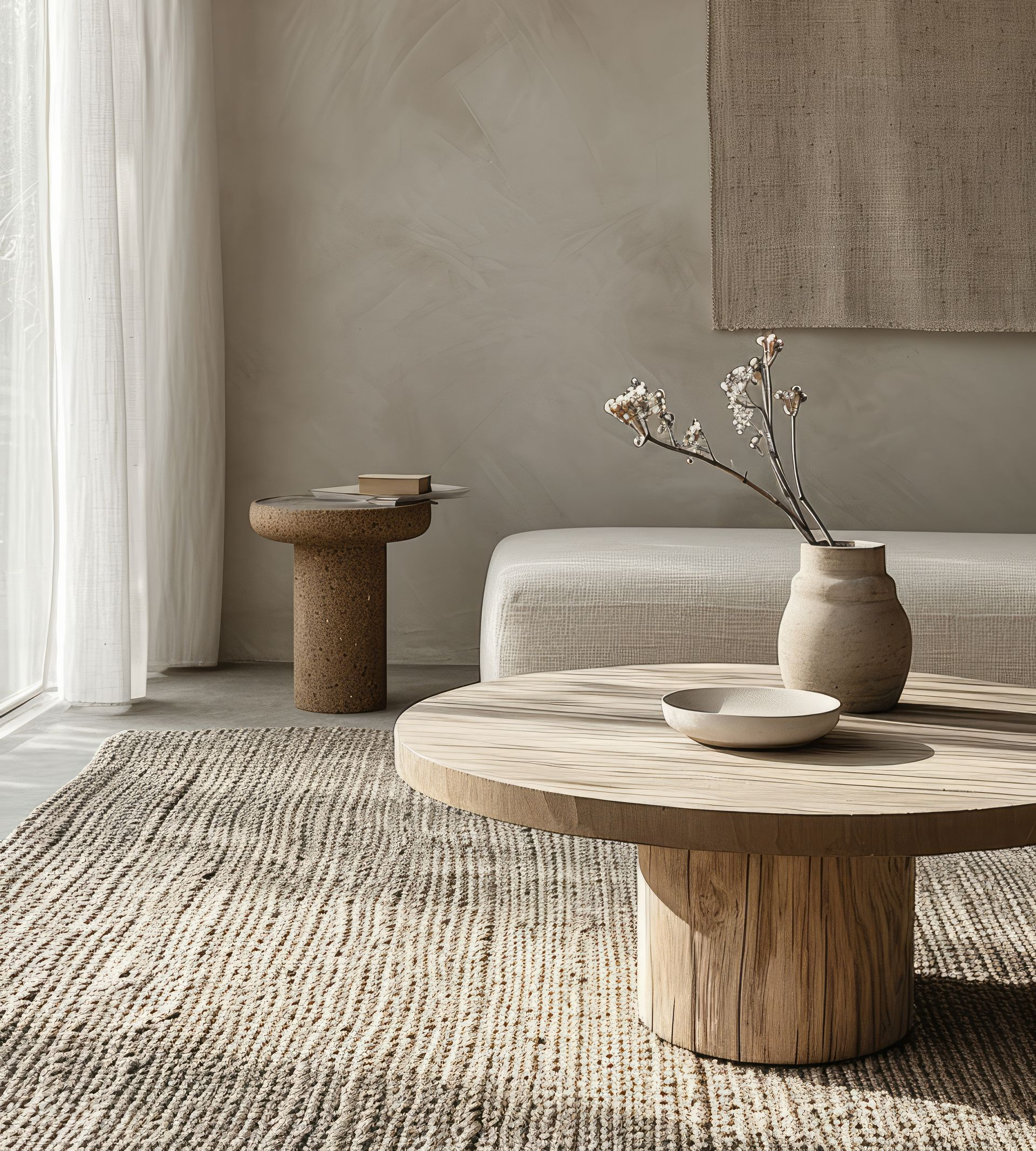 Salon aux tons neutres avec un tapis texturé, des meubles en bois et un vase de fleurs.