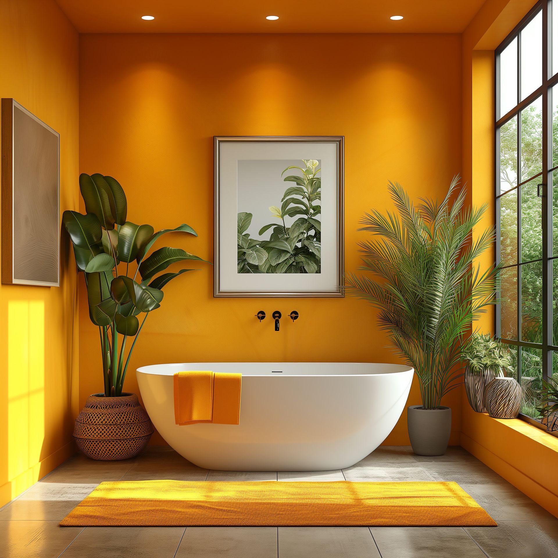 Salle de bains jaune avec baignoire blanche, plantes, œuvres d'art et grande fenêtre.