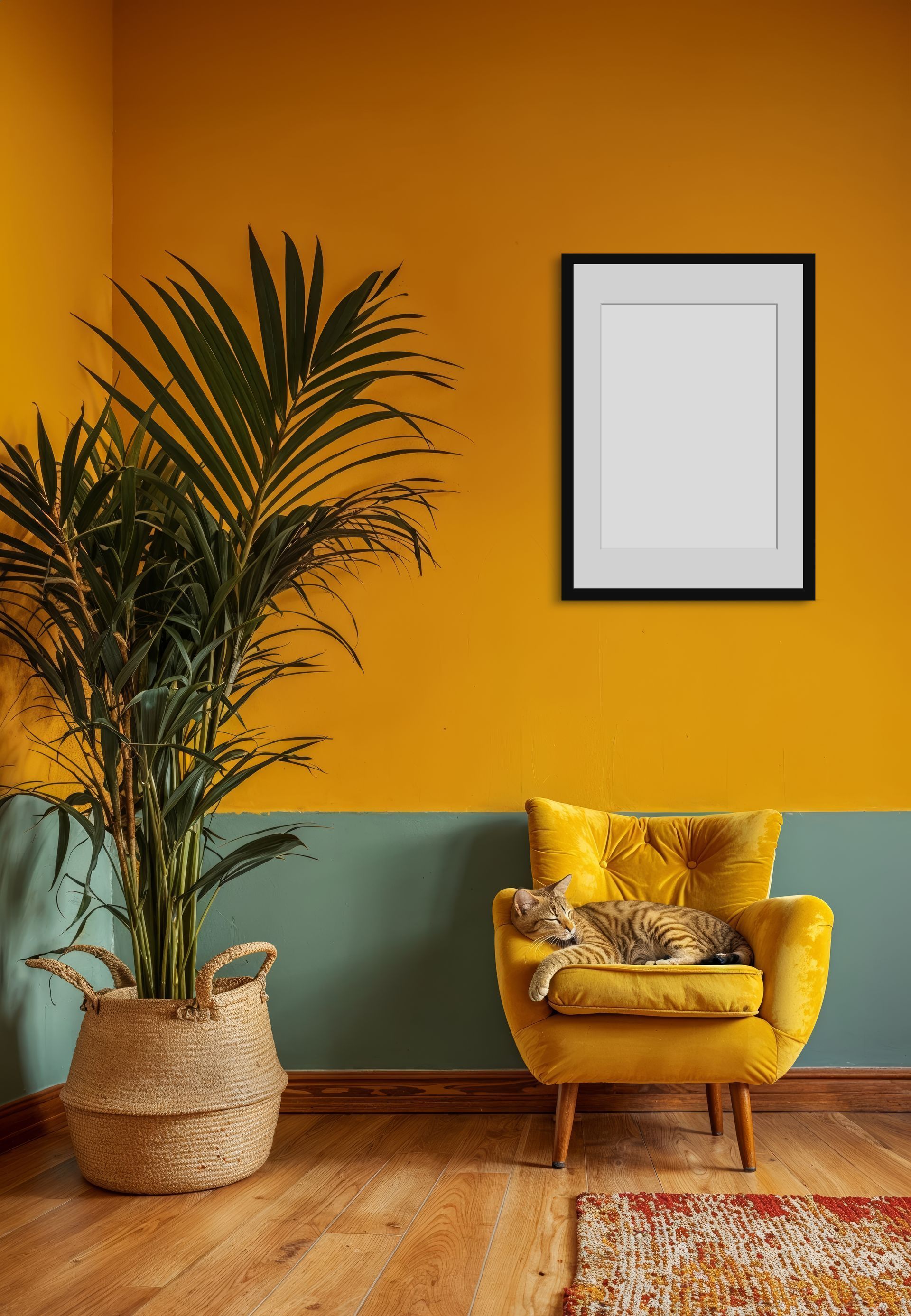 Fauteuil jaune avec un chat dessus, plante d'intérieur dans un panier tressé, mur peint en or et turquoise.