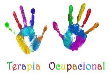 Dos huellas de manos coloridas con las palabras terapia ocupacional debajo de ellas