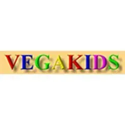 Un logotipo para vegakids con letras de colores del arco iris.