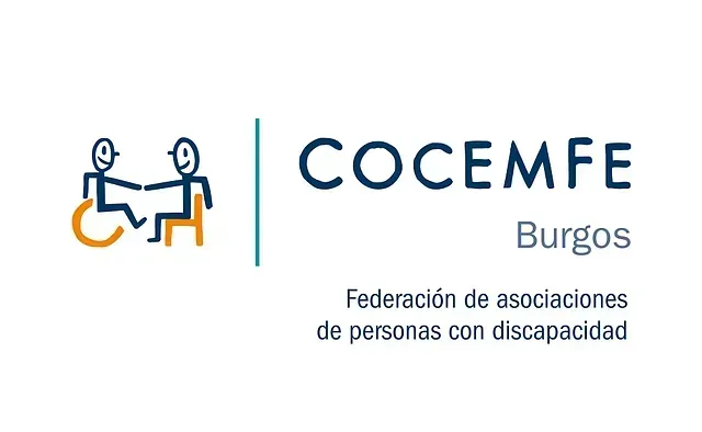 Un logotipo para Cocemfe Burgos con una persona en silla de ruedas.