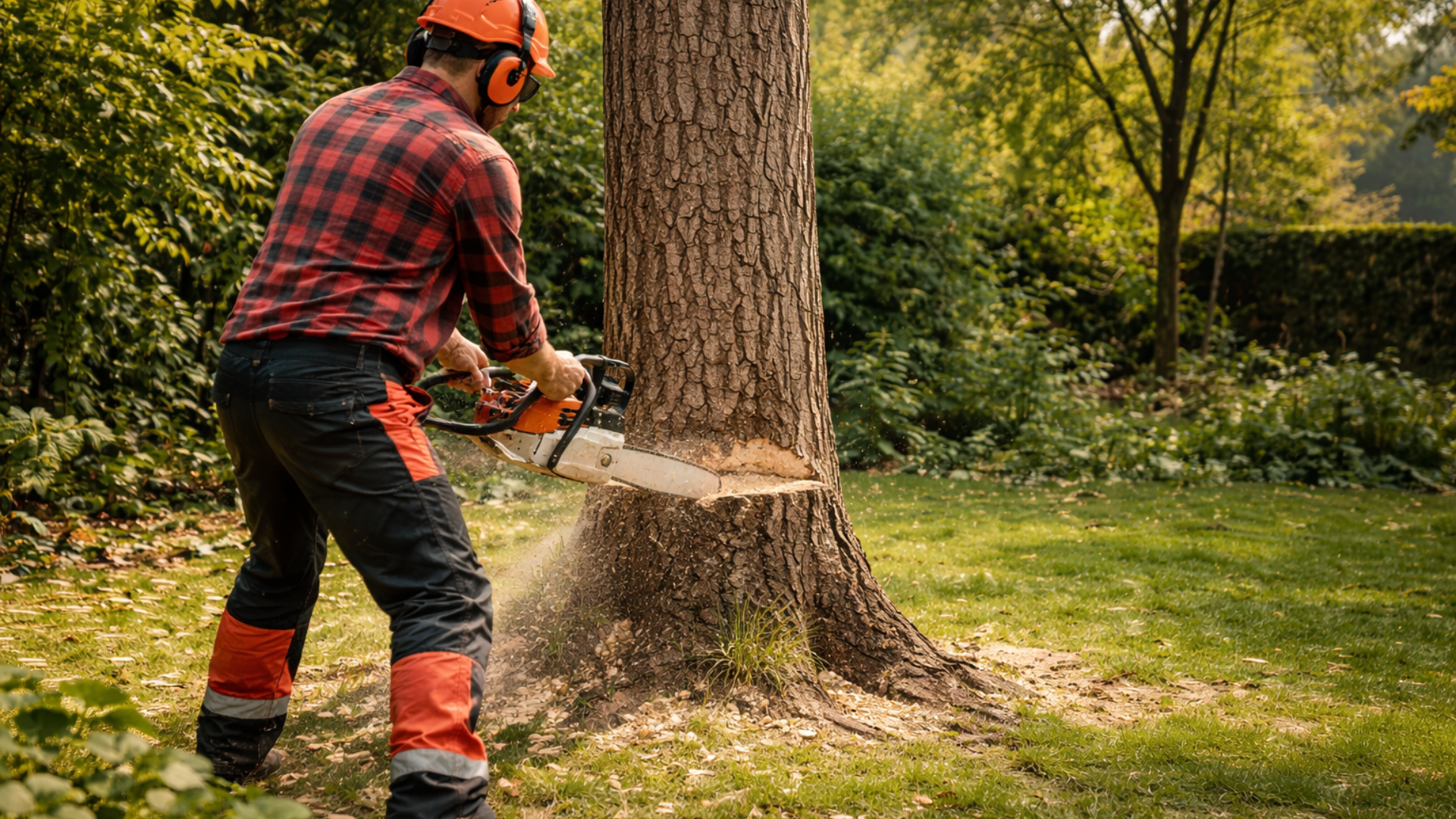 Une personne portant un équipement de sécurité coupe un tronc d'arbre à la tronçonneuse dans une cour herbeuse.