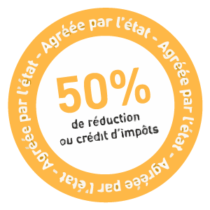 Circular orange graphic with the text 