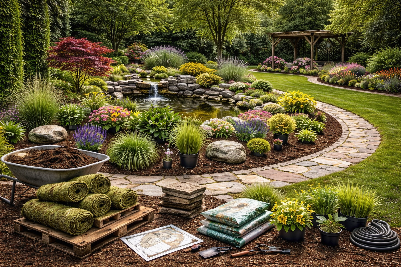 Un jardin luxuriant avec un étang, un chemin de pierre et des outils de jardinage.
