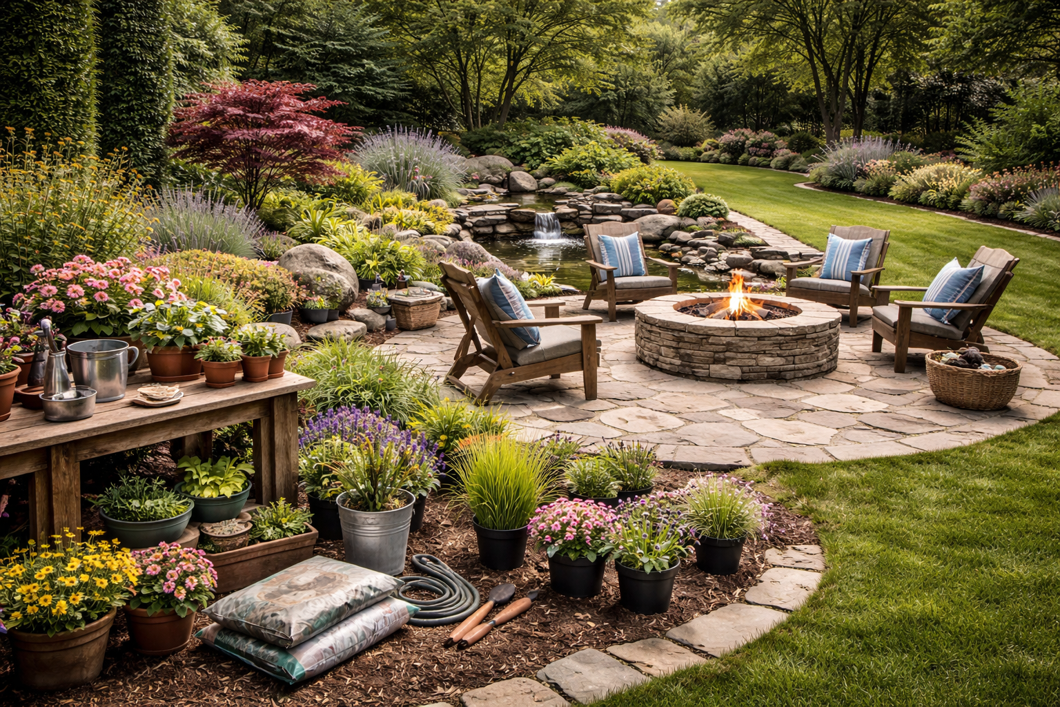 Un jardin luxuriant avec un foyer en pierre, des sièges et un petit étang entouré de fleurs et de verdure.