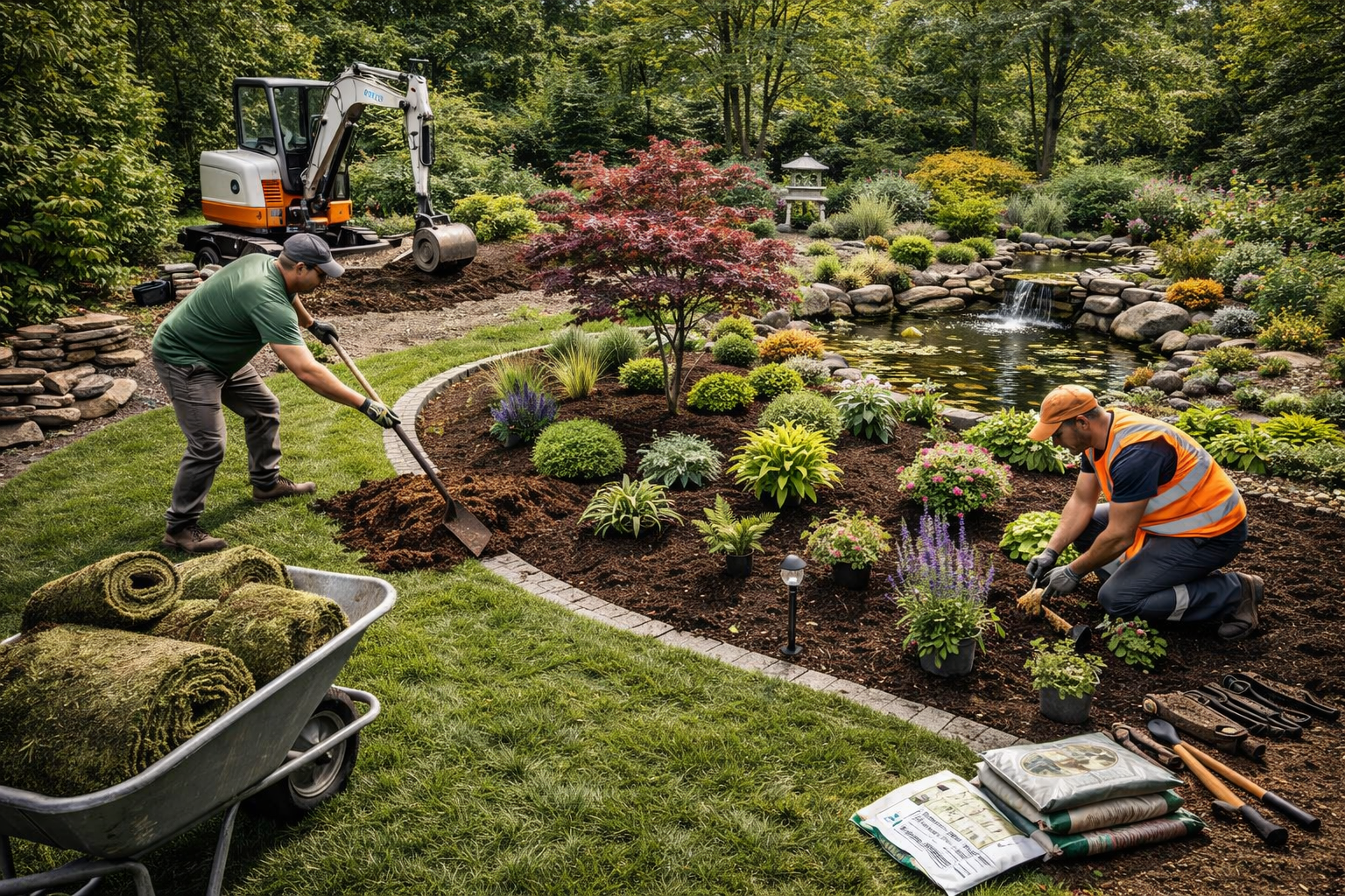 Des jardiniers travaillent à l'aménagement paysager : l'un creuse, l'autre plante près de l'étang. 