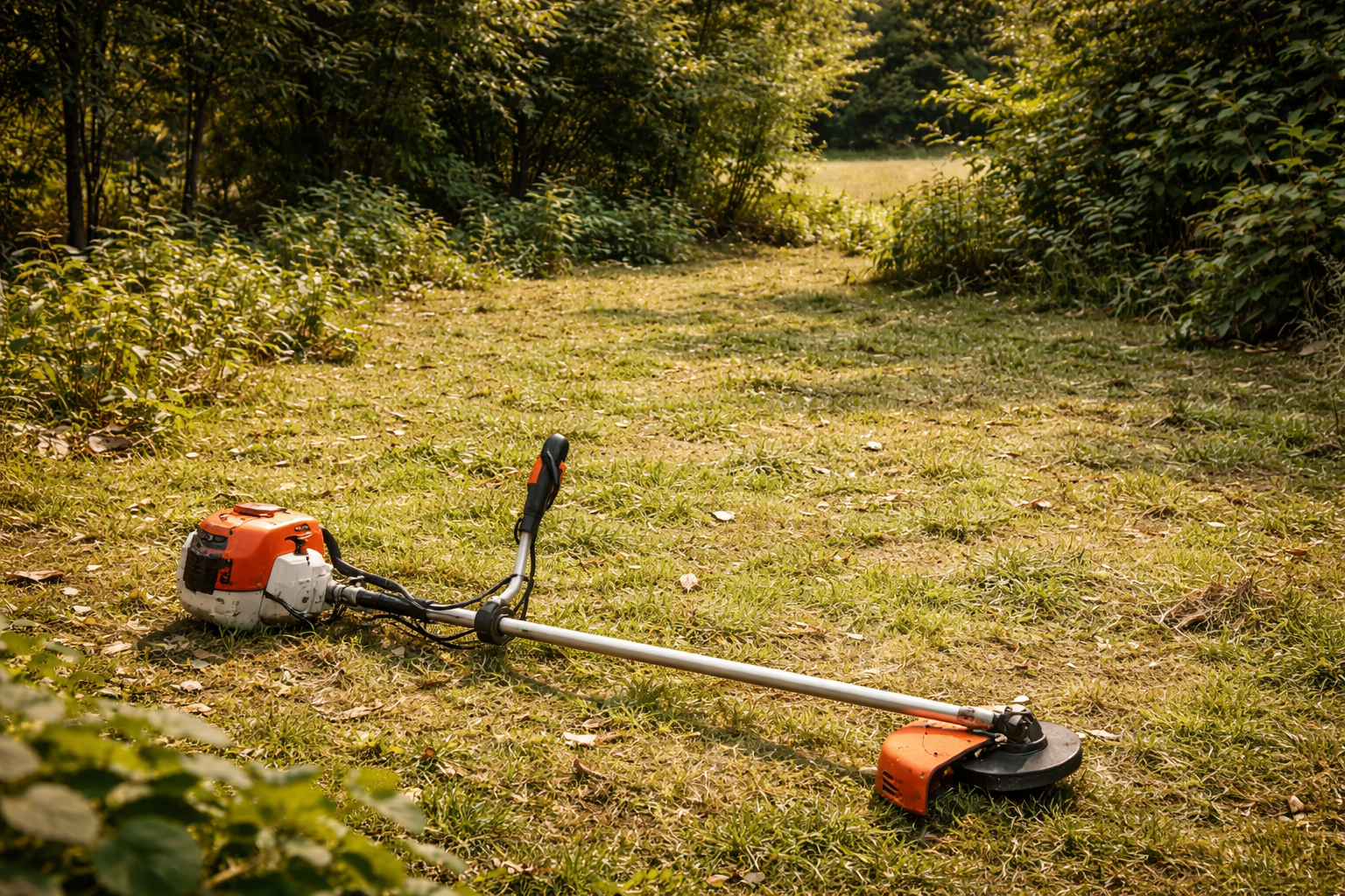 Coupe-bordures sur un terrain herbeux près des arbres.