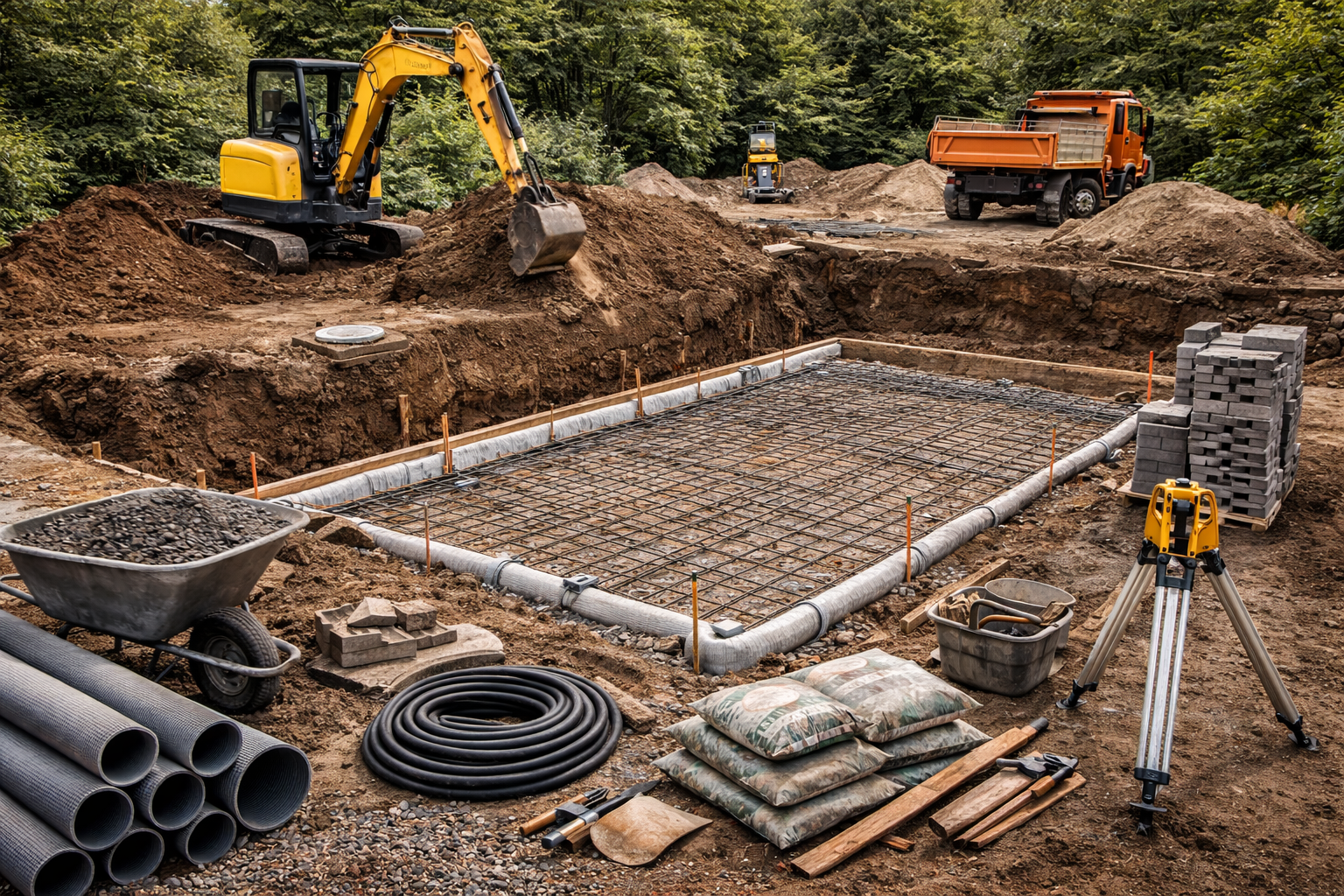 Chantier de construction avec une excavatrice, une structure de fondation, des matériaux et de l'équipement.