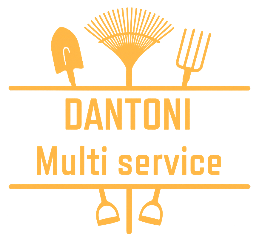 Logo pour DANTIN multiservice : Outils de jardinage orange au-dessus et étriers en dessous d’une bannière de texte.