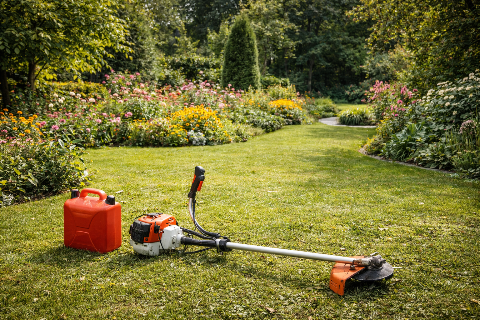 Débroussailleuse et bidon d'essence sur la pelouse, jardin avec parterres de fleurs en arrière-plan.