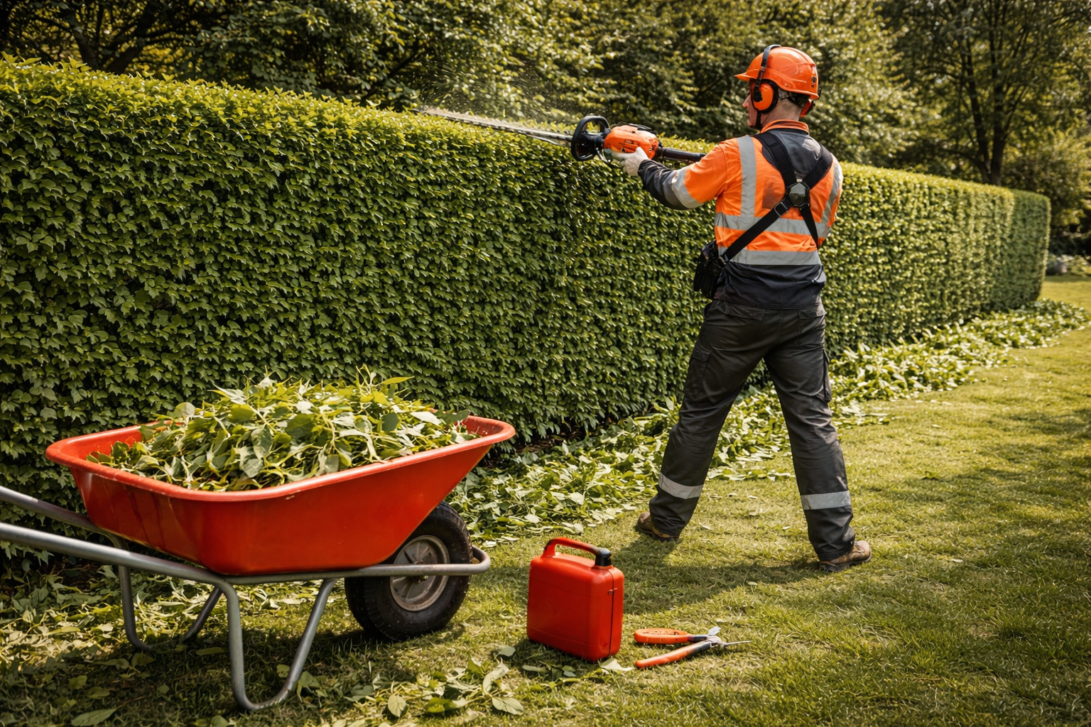 Un jardinier taille une haie avec un sécateur électrique ; une brouette de déchets.